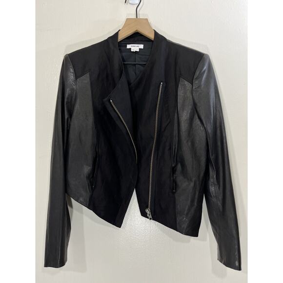 Helmut Lang Women Pebbled Lamb Leather Asymmetrical Jacket Moto Crop Biker Black